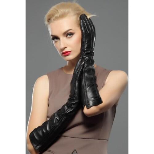 New Winter Lady Sewing Style Sheepskin Leather High Quality Hot Sale Gloves Women Genuine Leather Mittens Long Style 50cm Gloves