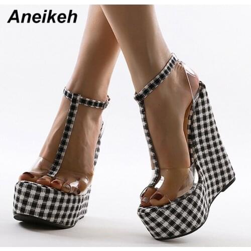 Aneikeh 2021 Women Shoes New Summer Wedges Ankle-Wrap Round Toe T-tied PVC Buckle Strap Party Checkered Fashion Decor Size 35-42