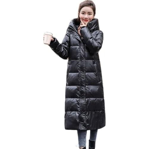 Extended Over Knee Down Jacket Female 2021 New Winter Slim Warm Coat Fashion Bright Parkas White Duck Down Womens Jacket Black