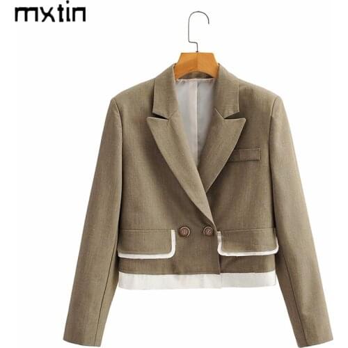 MXTIN 2021 Women Spring Fashion Color Matching Double Breasted Blazers Coat Vintage Long Sleeve Office Lady Female Blazer Coat