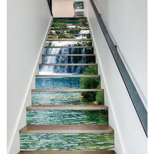 13pcs/Set Landscape Waterfall Stair Floor Stickers Waterproof Removable Self Adhesive Diy Stairway Decals Murals Home Decor