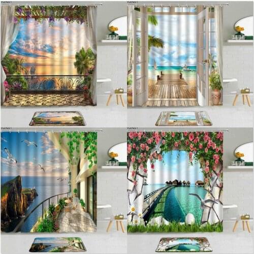 2Pcs Beach Ocean Sunset Scenery Shower Curtain Tropical Plants Flowers Deagulls Bathroom Non-Slip Bath Mat Hanging Curtains Set