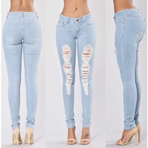 New Women`s Distressed Curvy Sky blue Mid High Waist Stretch Denim Pants Ripped Skinny Jeans For Woman Jean