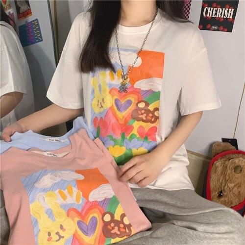 2021 Women Summer Cotton Cartoon Graffiti T-shirt Oversize Casual Short Sleeve Tshirts Pullover Tops