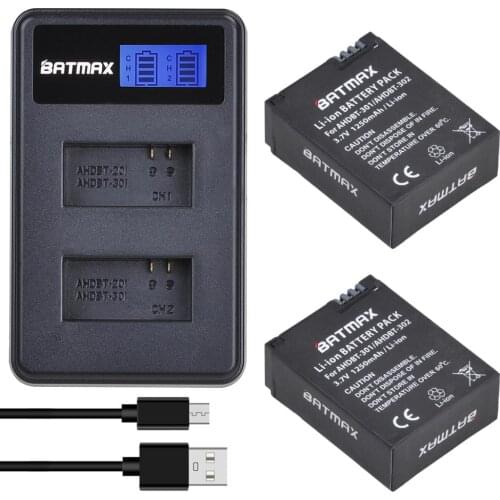 2Pcs AHDBT-301 Battery Bateria + LCD USB Dual Charger for GoPro Hero3 Hero3+ hero 3 hero 3+ Black Camera Batteries