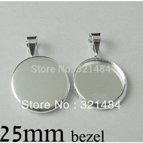 Free shipping 200pc silver plated round bezel pendant blank pendant tray 25mm cameo base cabochon setting