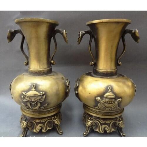 Bi002113 11" Chinese Bronze FengShui 8 Auspicious Symboel Elephant Statue Pot Vase Pair