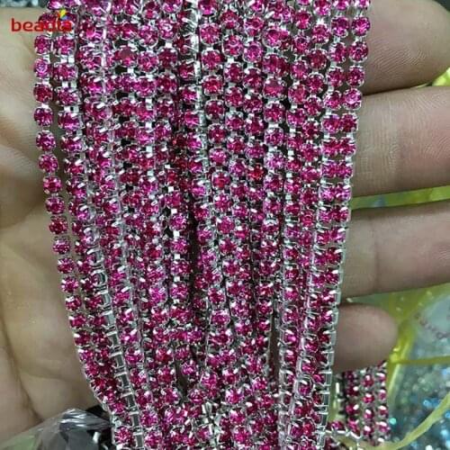 Hot Sale 2/2.5/2.8/3mm High Density Flatback Dark Fuchsia Rhinestone Chain For Decor Craft Sewing Clothes Accessories