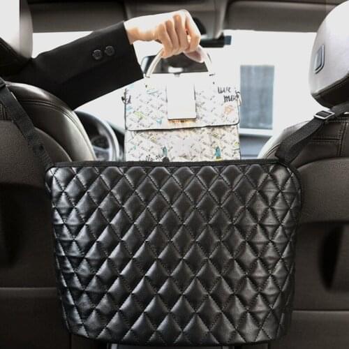 Black Car Handbag Holder Leather Seat Back Organizer Mesh Large Capacity Bag Automotive Goods Storage Pocket Seat Crevice Net