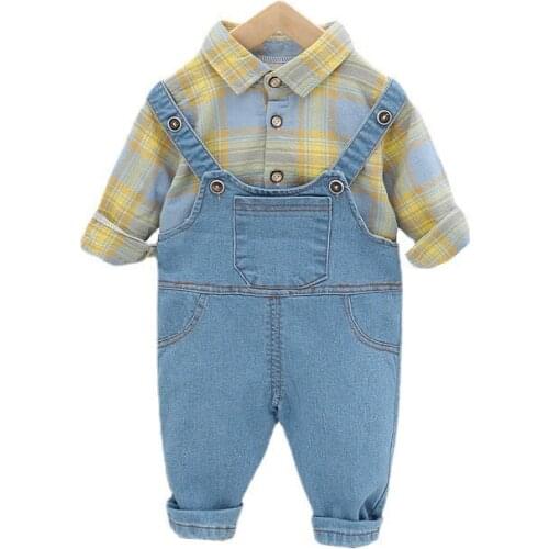 New Spring Autumn Baby Boys Clothes Suit Children Fashion Plaid Shirt Overalls 2Pcs/Sets Toddler Casual Costume Kids Tracksuits