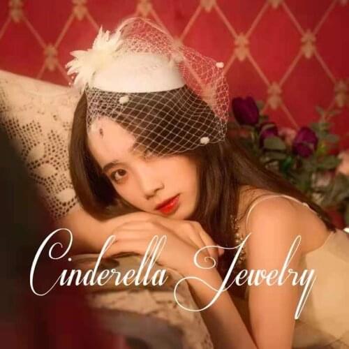 Black Felt Hat Topper Mesh Fishnet Veil Vintage Feather Flower for Bridal Small Plush Pearls Birdcage Jewelry Accessory