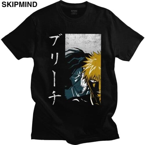 Anime Bleach T Shirts Men Short Sleeve Pure Cotton Tee Crew Neck Casual Ichigo Kurosaki Anime Manga Shinigami T-shirt Merch Gift