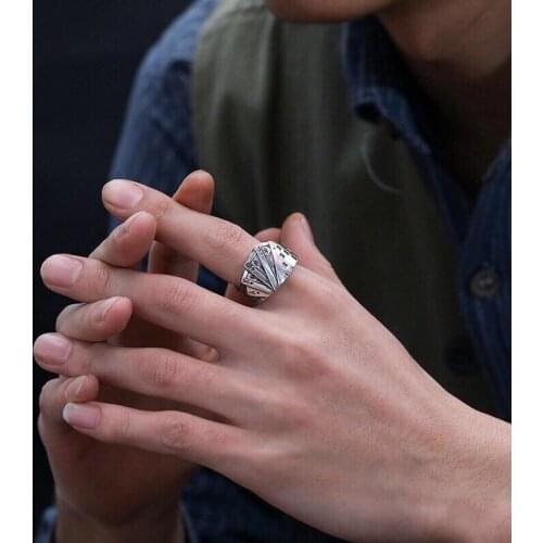Playing Card Chunky Cubic Zirconia Engraved Adjustable 925 Sterling Silver Ring For Men Vintage Wholesale Jewelry