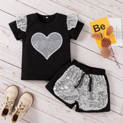 2021 newest arrival Girl’s T-shirt and Shorts Set Fashion Contrast Color Sequin Short Sleeve Tops and Bandage Short Pants