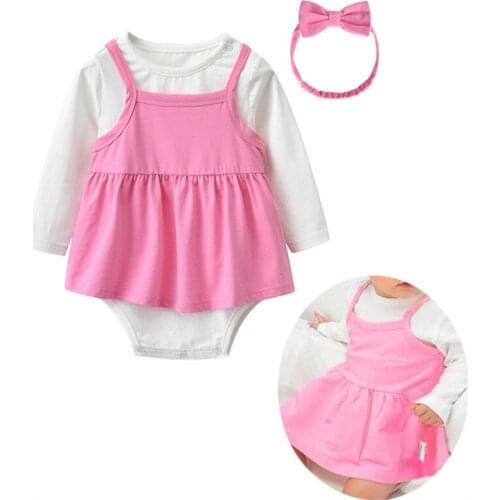 Toddler Baby Girl 3pcs Outfit Set Romper Bodysuit Jumpsuit & Sleeveless Pink Dress & Headband Princess Baby Girls Clothes Set