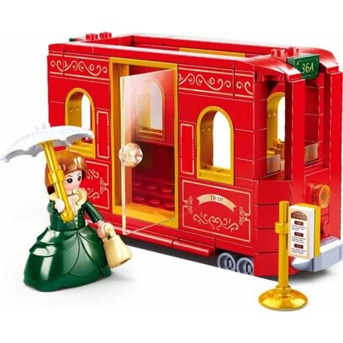 Sluban Village Girl Princess Friends Sightseeing Tram Bus Building Blocks Kit Bricks Classic Model Kids Toys For Children Gift