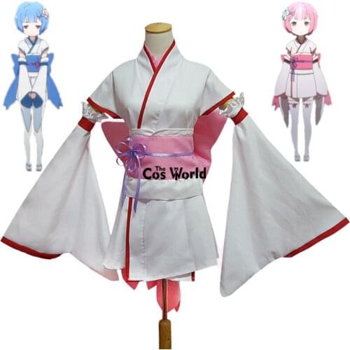 Re Zero Kara Hajimeru Isekai Seikatsu Ramu RAM Remu REM Kimono Yukata Maid Dress Meidofuku Outfit Uniform Anime Cosplay Costumes