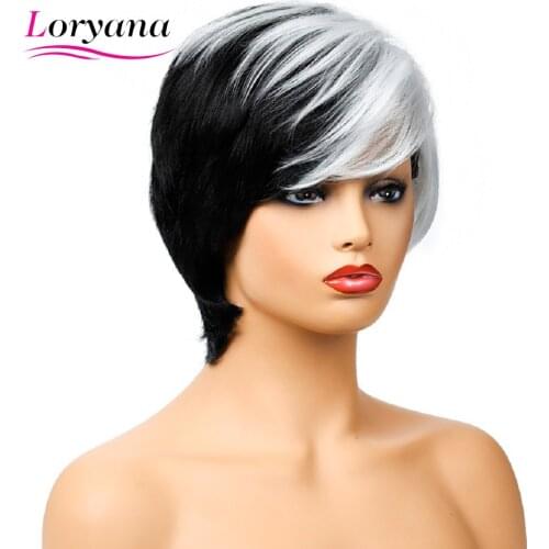 Loryana Short Bob Wig with Side Bangs Black And White Synthetic Wigs Heat Resistant Wig for Women Natural Wave Hair Cospaly