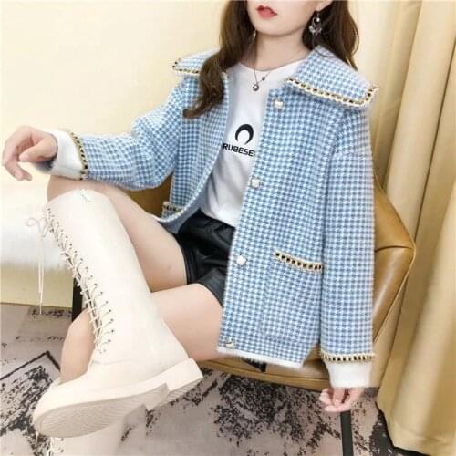 Small Fragrant Mink Short Coat Sweater Women 2021The New Jacket Double-Sided Fleece Houndstooth Wool Knitted Cardigan Ladies 533