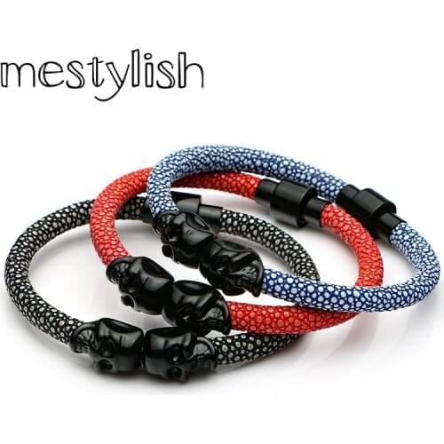 Mestylish Fashion Double Skull Stingray PU Leather Bracelet Magnetic Snaps Bracelet Genuine Leather Bangles for Men Women