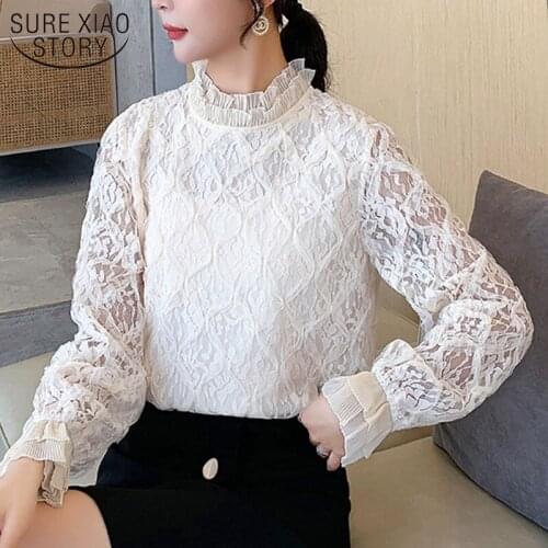 New Hollow Out Lace Shirt Spring Women Long Sleeve Blouse Fashion Crochet Patchwork Ladies Solid Stand Collar Tops Blusas 13326