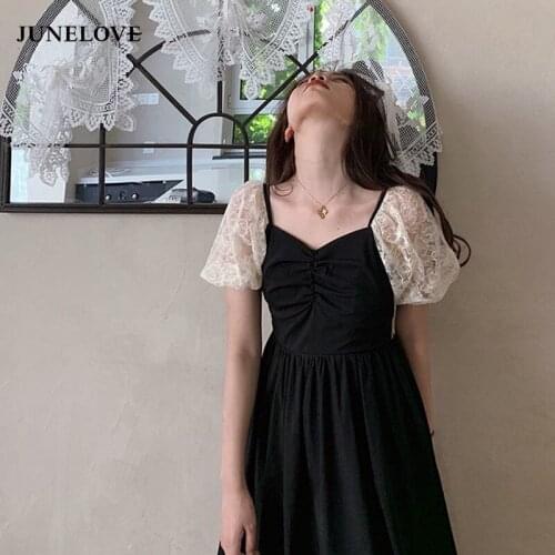 JuneLove Summer Elegant Vintage Dress Women V-neck Short Sleeve Black Dress Casual Party Korean Office Lady Chic Lace Vestidos