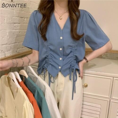 Shirts Women Bandage Solid V-neck Summer Design All-match College Retro Fashion 5 Colors Leisure Ladies Popular Clothing Ins New