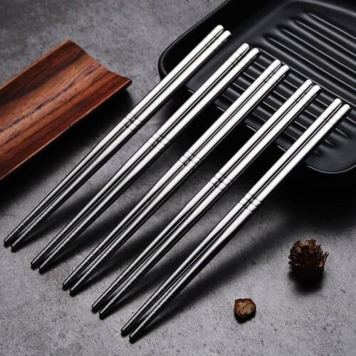 Silver 5 Pairs/Set Metal Chopsticks Non-slip 304 Stainless Steel Chop Sticks Reusable Food Sticks Sushi Hashi Baguette