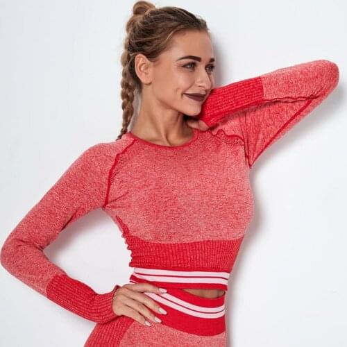 Women Seamless Top Long Sleeve Yoga T Shirts Cropped Top Fitness Gym Shirt Hollow Mesh Sports Top Striped Knitted T Shirts