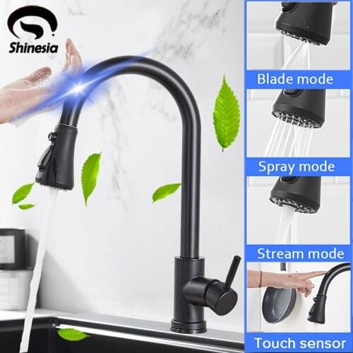 Shinesia Black Pull Out Kitchen Faucet 360 Degree Rotation Smart Touch Inductive Sensitive Faucet Hot and Cold Water Mixer Tap