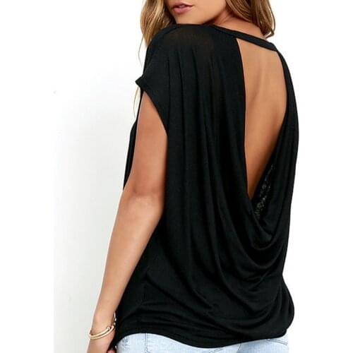 Bigsweety Hot Sale Women Casual Backless Short Sleeve TShirt Summer Casual Loose O-neck Tops Tees Black White Open Back T Shirt