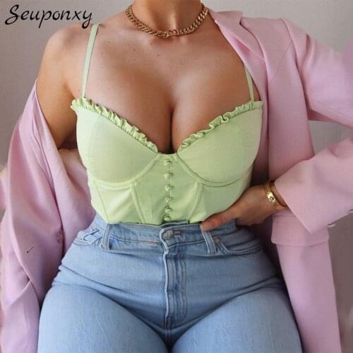 High Quality 2021 Summer WomenS Single-Breasted Bodycon Camisole Sexy Sleeveless Spaghetti Strap Backless Club Crop Top