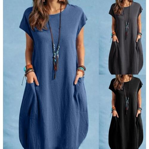 Women Casual O-Neck Short Sleeve Mid-Calf Summer Dress With Pocket Denim Basic Solid Dress Beach Party Loose Dress Holiday
