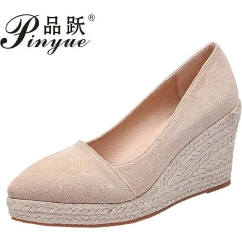 Womens Wedge Espadrilles Sandals Spring and Autumn New Style Flock Middle Thick-heeled Platform Shoes Womens Straw Woven