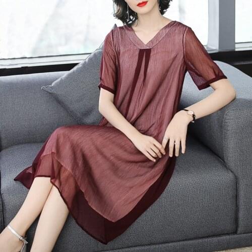 2021 Summer Vintage Mesh Red Chiffon Midi Sundress Spring Casual Solid 3XL Plus Size Women Dress Elegant Bodycon Party Vestidos