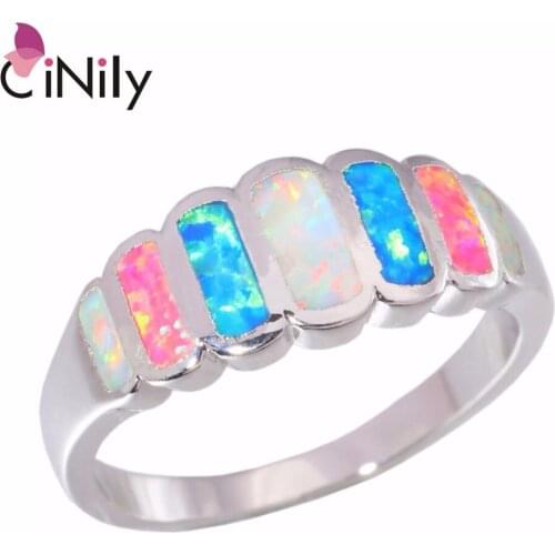 CiNily Created White Blue Pink Fire Opal Silve Plated Wholesale Fashion Wedding for Women Jewelry Ring Size 6 7 8 9 OJ6518