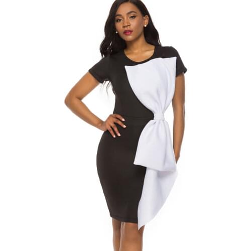 Women Bodycon Dress Black White Contast Color Big Bowtie Lady Party Elegant Dinner Evening Slim Tunics Femme Package Hip Robes