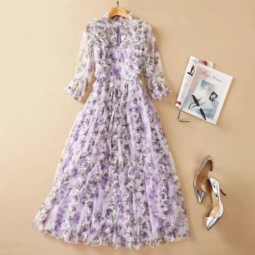 Top Quality Mesh Dress 2021 Autumn Party Luxury Women V-Neck Ruffle Floral Patchwork Mid-Calf Length Elegant Purple Dress