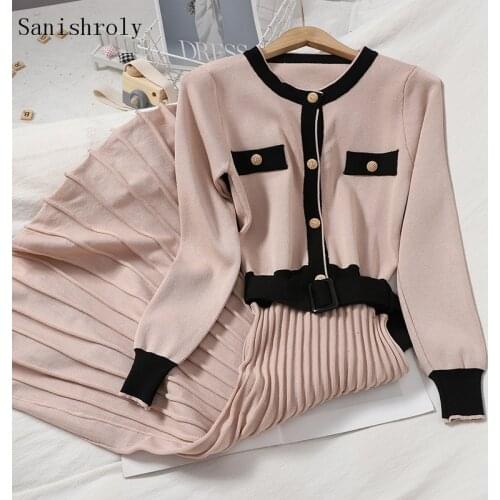 Autumn Vintage Knitted Dress Women O Neck Long Sleeve Breasted Sweater Dresses Female High Waist Pleated Long Dress With Belt