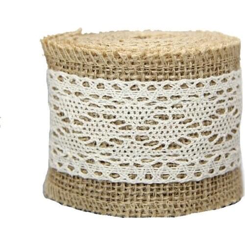 2m Natural Jute Burlap Craft Ribbon Roll with White Vintage Lace for DIY Crafts Wedding Party Merry Christmas Decorations