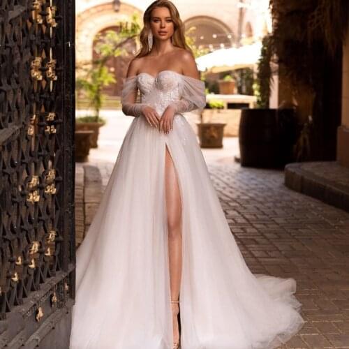 Eightree White Wedding Dresses Beach Boho Appliques High Slit Princess Bridal Dress Off Shoulder Backless Wedding Gown Plus Size