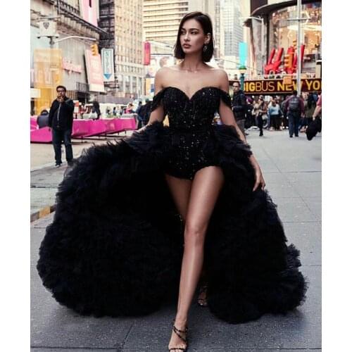 Sparkly 2020 Black Beaded Prom Dresses With Detachable Train Off The Shoulder Evening Gowns Party Dress Vestido de fiesta