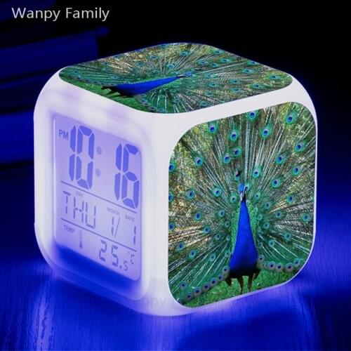 Very nice peafowl alarm clock 7 Color Change Glowing Digital Alarm Clock Kids room Multifunction Touch Sensin Electronic clock