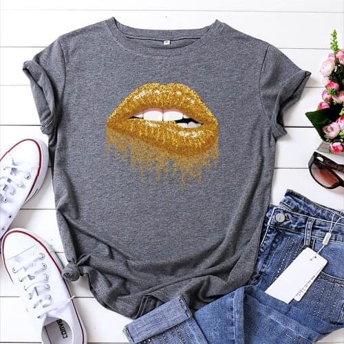 100% Cotton Summer New Womens T-shirt O-Neck Harajuku Shiny Gold Lips Print Top Casual Female T shirt Oversized Size S-5XL