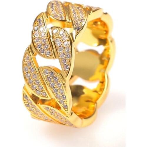 Hip Hop Micro Pave AAA Cubic Zirconia Iced Out Bling Cuban Chain Lovers Rings for Men Women Rapper Jewelry Gifts Gold Color