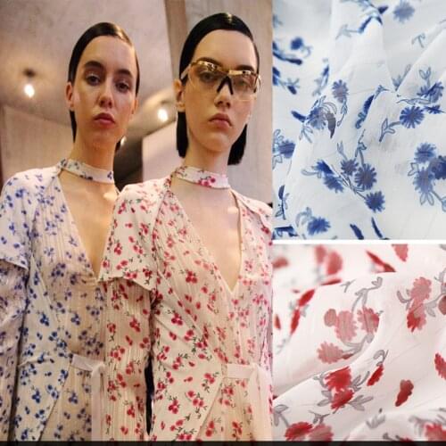 Summer brand digital printing silver chiffon small red flower skirt European designer fabric custom polyester fabric for dress