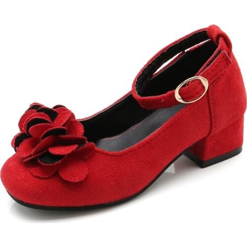 Fashion Flower High Heel Kids Leather Shoes For Girl Princess Party Shoes Children Wedding Shoes Balck Pink Red 3 6 9 10 11 12