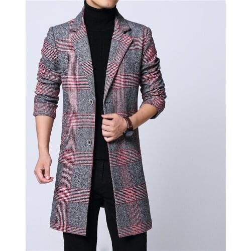 Mens long coat winter woolen melton overcoat plaid red gray two buttons full lining long sleeve M-6XL pocket 18NovW4 drop ship