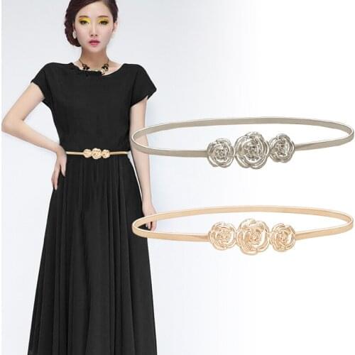 Summer Elastic Ladies Belt For Dress Gold Color Flowers Women Belt Stretch Skinny Female Waist Belts ceinture femme