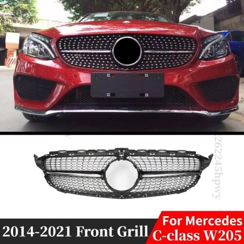 Front Bumper Grill With Camera Diamond Style For Mercedes Benz W205 C class 2015 2016 2017 2018 2019 C180 C200 C300 C260 Grilles
